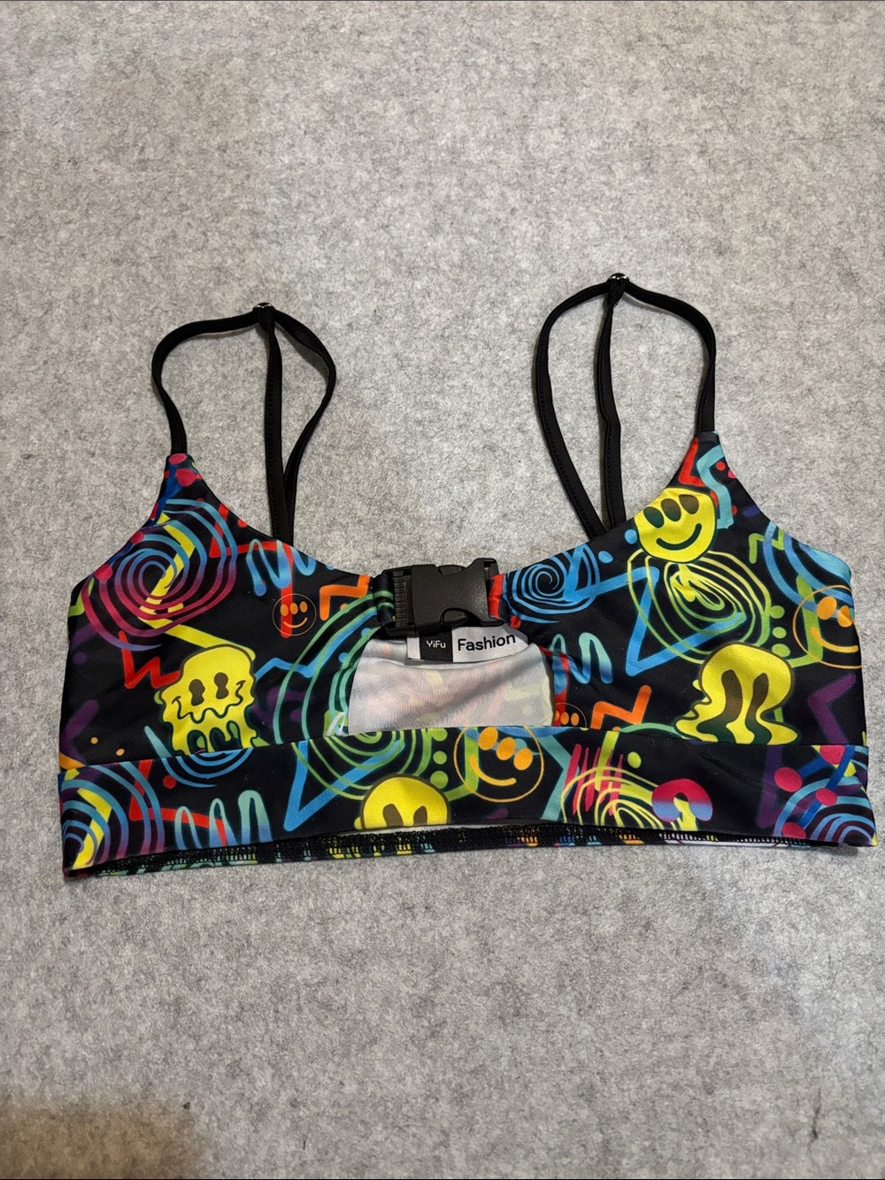 YiFu iHeartRaves Neon Smiley Print Buckle Front Rave Top
